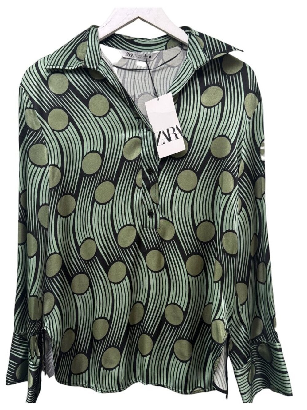 ZARA Modern Tunic Blouse Small Green Black Print Satin Viscose Womens Top NWT